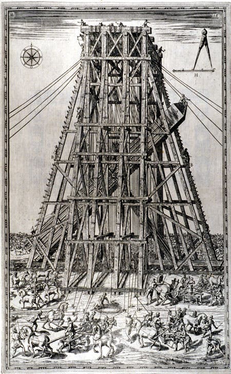 Lowering the Vatican obelisk. Image source: Fontana, Domenico. Della Trasportatione dell' Obelisco Vaticano. Rome: Appresso Domenico Basa, 1590, pp. 18-19.