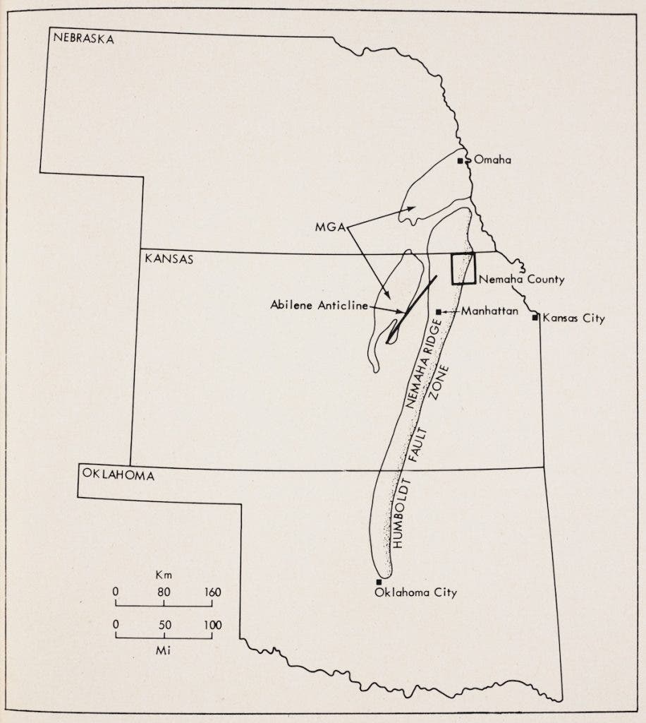 Image source: Steeples, Don, et al. “Seismicity, Faulting, and Geophysical Anomalies in Nemaha County, Kansas.” Geology, vol. 7, no. 3, 1979, p. 135. View Source