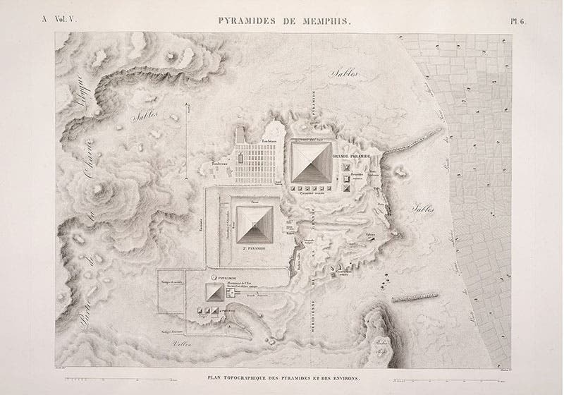 Topographic map of the three pyramids at Giza, engraving by Pierre Jacotin, plate 6, Description de l’Égypte, Antiquités, plate volume 5 (Grand-Jésus) (Linda Hall Library)