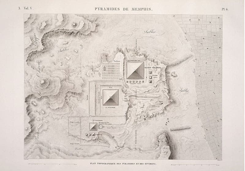 Topographic map of the three pyramids at Giza, engraving by Pierre Jacotin, plate 6,  Description de l’Égypte, Antiquités, plate volume 5 (Grand-Jésus) (Linda Hall Library)