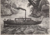 “The first American steamboat, built by John Fitch, on the Delaware River near Philadelphia,” says the caption, detail of wood engraving of the Perseverance in Les merveilles de la science, by Louis Figuier, vol. 1, p. 177 fig. 92, 1867 (Linda Hall Library)