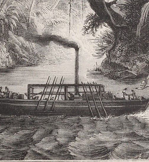 “The first American steamboat, built by John Fitch, on the Delaware River near Philadelphia,” says the caption, detail of wood engraving of the Perseverance in Les merveilles de la science, by Louis Figuier, vol. 1, p. 177 fig. 92, 1867 (Linda Hall Library)