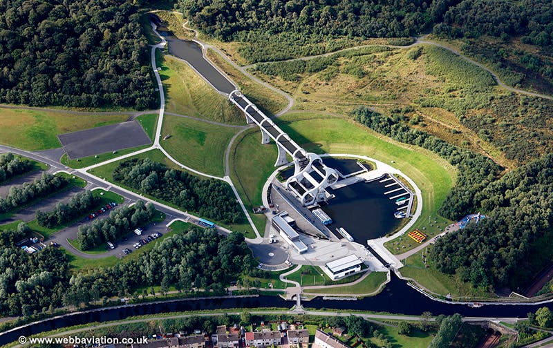 Aerial view of the Falkirk Wheel; the Forth and Clyde canal runs across the bottom, while the aqueduct to the Union Canal runs straight back (and through a tunnel) at the top (webbaviation.co.uk)