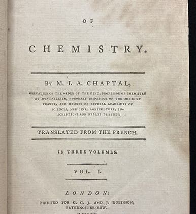 Title page, Elements of chemistry, by Jean-Antoine Chaptal, transl. by William Nicolson, vol. 1 (of 3), 1791 (Linda Hall Library)