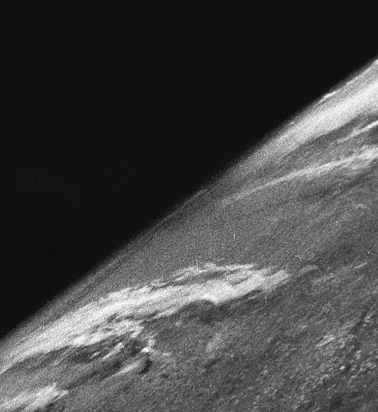 First photo of Earth from space, taken by a Clyde Holliday camera on a V-2 rocket, Oct. 24, 1946, from an altitude of 65 miles (Wikimedia commons)