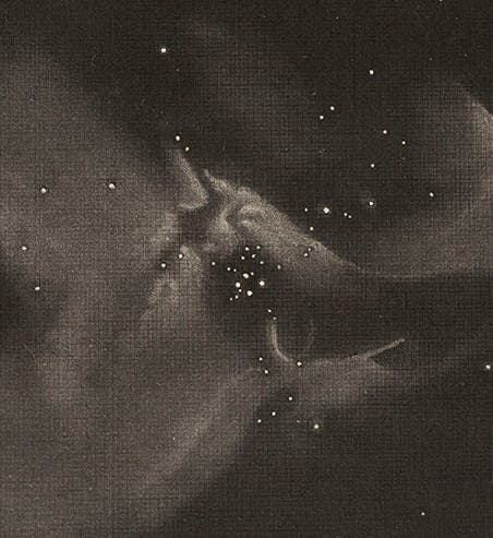 Great Nebula in Orion, detail of an mezzotint engraving by James Basire, based on a drawing by William Lassell, from the <i>Memoirs of the Royal Astronomical Society</i>, 1854 (Linda Hall Library)