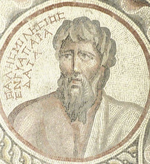 Detail of mosaic depicting Thales, 2nd or 3rd century C.E., from Suweydie near Baalbek, now modern Lebanon, National Museum in Beirut; the inscription in Greek begins: “Thales Milesios” (livius.org)