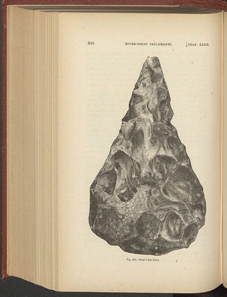Flint hand-axe, found in Gray’s Inn Lane by John Conyers, late 17th century, wood-engraving, in John Evans, The Ancient Stone Implements, Weapons and Ornaments of Great Britain, 1872 (author’s copy)
