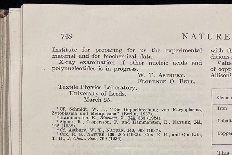 Last paragraph and authorship of article, “X-ray study of thymonucleic acid,” by William T. Astbury and Florence O. Bell, Nature, vol. 141, p. 748, 1938 (Linda Hall Library)