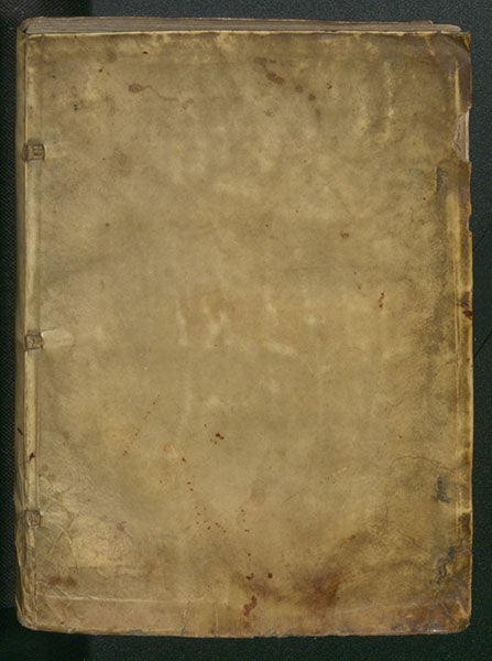 Front cover, limp vellum, Simon Stevin, De beghinselen der weeghconst, 1586 (Linda Hall Library)