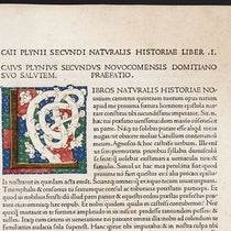 First page, detail, with illuminated initial “L” to begin book 1, Naturalis historia, by Pliny the Elder, Venice, Nicolas Jenson 1472 (Linda Hall Library)
