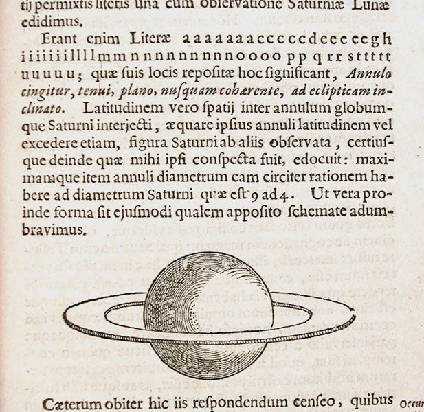 Detail of third image, showing at the top Huygens anagram of 1656, announcing his ring model, followed by the anagram’s solution (see text for translation) (Linda Hall Library)
