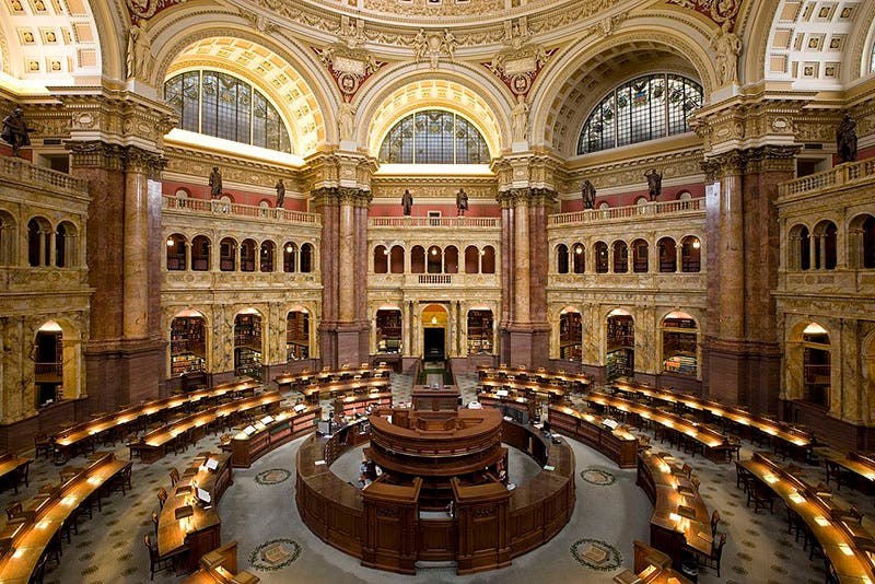 Eight of the 16 statues on the balcony under the dome of the Main Reading Room, Thomas Jefferson Library, Library of Congress, Washington, D.C. (Wikipedia)