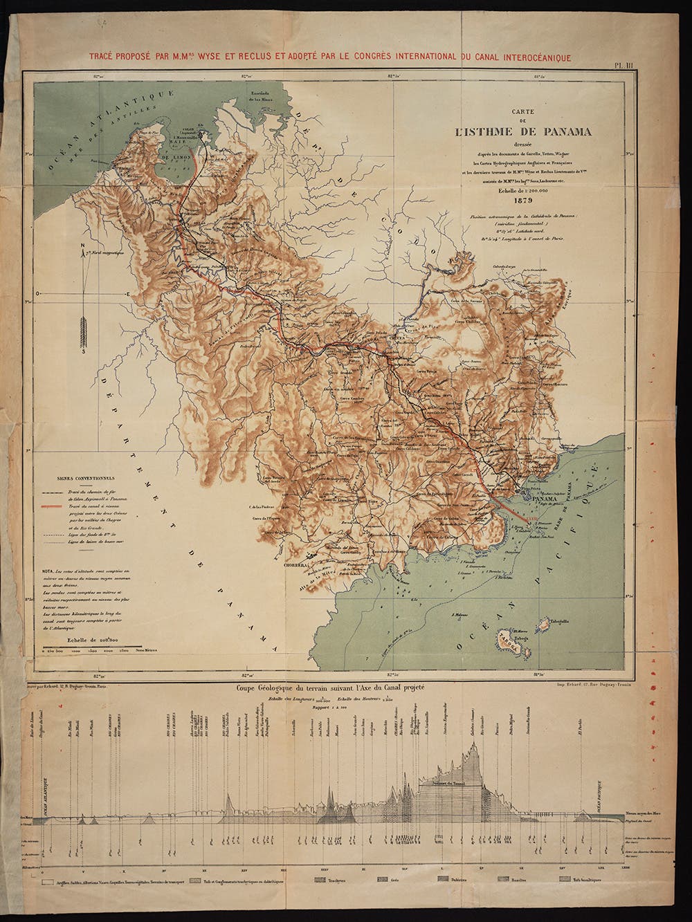 Map of the proposed route for a sea-level canal, 1879. From Congrès international d’ètudes du canal interocéanique, Paris, 1879.