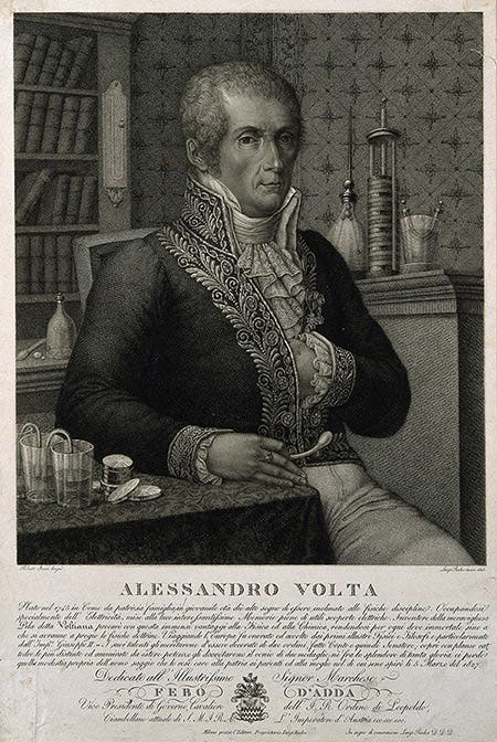 Portrait of Alessandro Volta, stipple engraving by L. Rados after R. Focosi, 1828; note the Voltaic pile elements on the table and on the stand in the background (Wellcome Collection)
