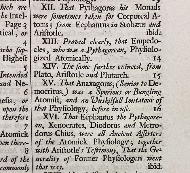 Detail of first page of Contents, symmarzing various Presocratics, including Anaxagoras, “a Spurious or Bungling Atomist,” in The True Intellectual System of the Universe, by Ralph Cudworth, 1678, (Linda Hall Library)