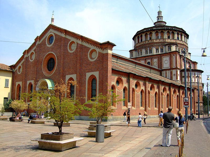 Exterior of the Dominican church of Santa Maria delle Grazie, Milan, nearly destroyed in World War II and rebuilt; the refectory inside houses Leonardo da Vinci’s Last Supper (Wikimedia commons)