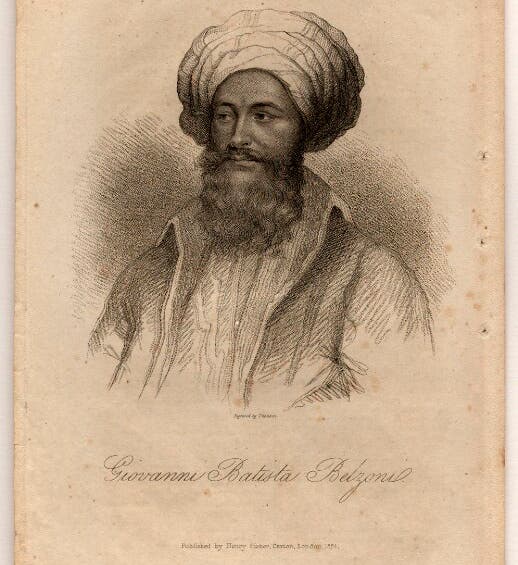 Portrait of Giovanni Battista Belzoni, stipple engraving by James Thomson after an unknown artist, 1822 (National Portrait Gallery, London)