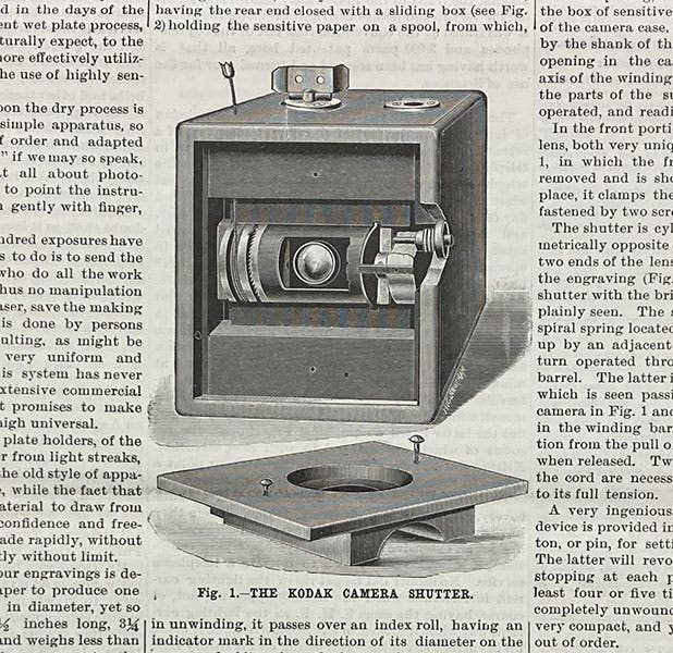 The front of the new Kodak camera, with front plate removed, revealing the cylindrical shutter and the lens, detail of wood engraving in Scientific American, Sep. 15, 1888 (Linda Hall Library)