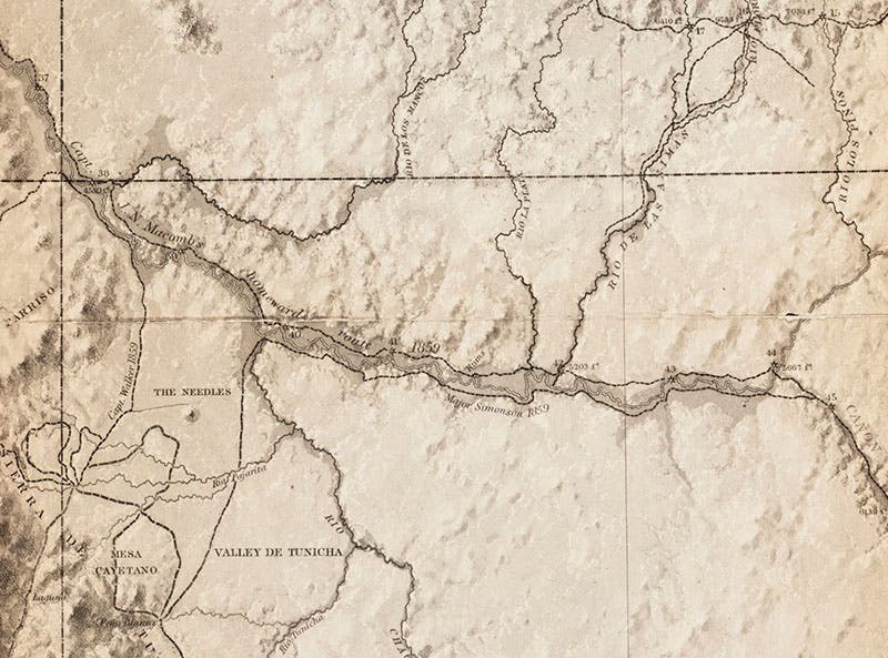 The return route of the Macomb expedition, through northwestern New Mexico, with “The Needles” (Shiprock) shown south of the route, detail of third image (Linda Hall Library)