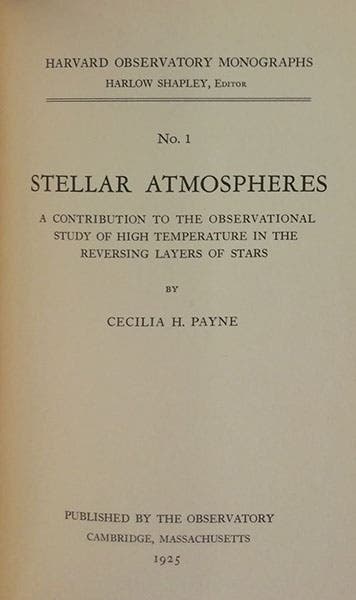 Title page of Stellar Atmospheres, by Cecilia Payne (Harvard Observatory Monographs, no. 1), 1925 (Open Library)