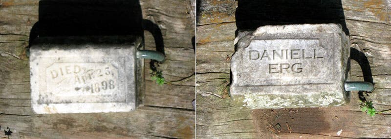 The two sides of the gravestone of Daniell Erg, the “smallest tombstone in the world, Caernarfon cemetery, Wales (waymarking.com)