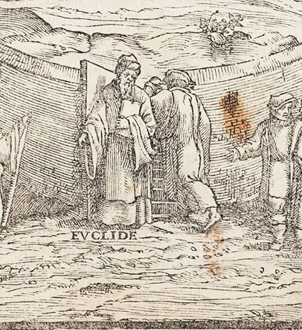 Euclid checking that you know geometry before you enter the domain of the seven liberal arts, detail of frontispiece of Nova scientia, by Niccolò Tartaglia, 1537 (Linda Hall Library)