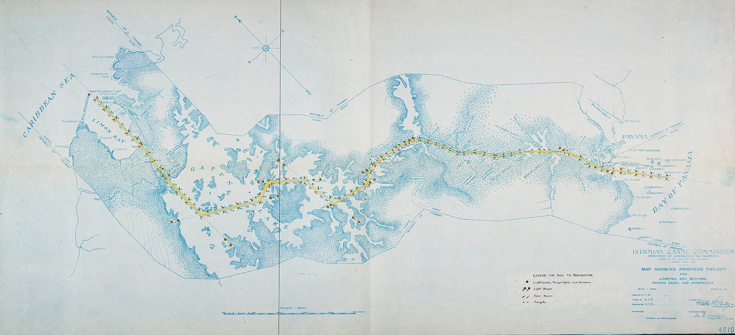 1911 map showing proposed project for lighting and buoying Panama Canal and approaches. View in Digital Collection »