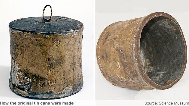 A tinned can of veal from the stores of HMS Fury, left on Fury Beach in 1825, and brought back by the crew of John Ross in 1833, now in the Science Museum, London (bbc.com)