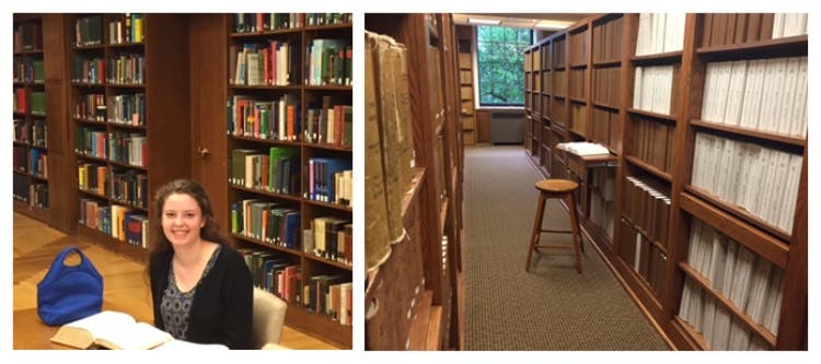 UMKC Sophomore Shaley Baker works on her weekly assignments from shelves of research materials.