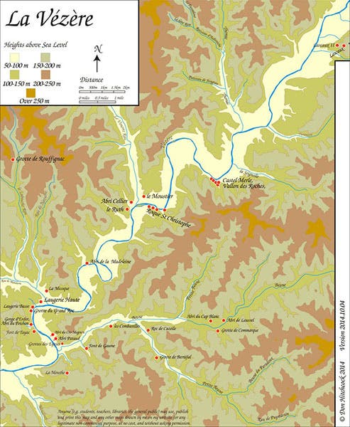 Map of La Vézère region of the Dordogne; La Madeleine and Le Moustier are near center; Lascaux is at very upper right (donsmaps.com)