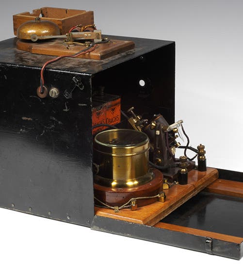 The actual receiver used by Marconi for the Toynbee Hall demonstrations, 1896, in its black box at the Museum of the History of Science at Oxford; note the bell on the top, which rang when a wireless signal was received (mhs.ox.ac.uk)