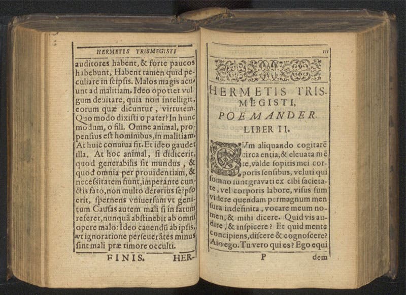 Two-page opening, “Pimander,” by Hermes Trismegistus, Magia philosophica, by Francesco Patrizi, 1593 (Linda Hall Library)