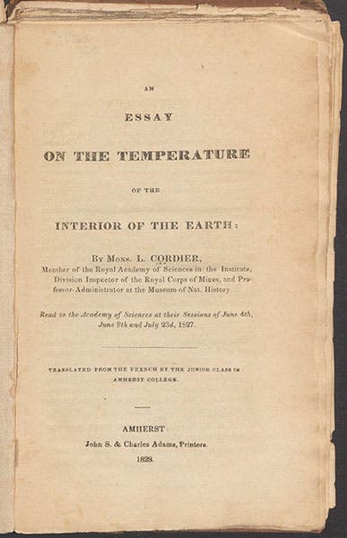 Titlepage of Louis Cordier, An Essay on the Temperature, 1828 (Linda Hall Library)