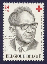 Postage stamp honoring Albert Claude, issued by Belgium, 1987 (jgiesen.de)