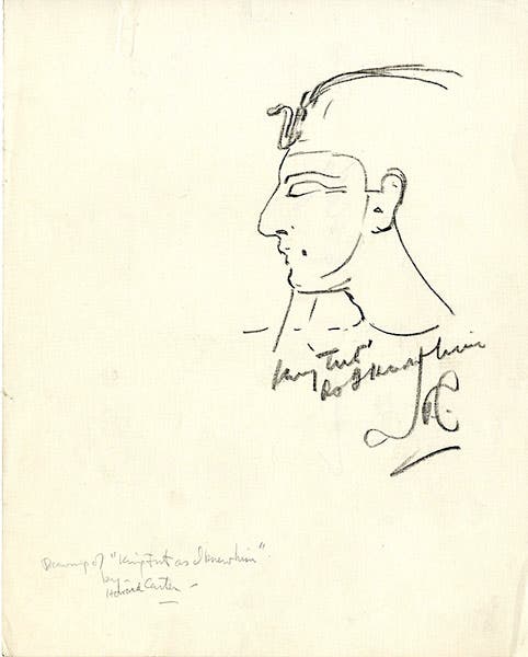 Drawing of King Tut “as I knew him,” by Howard Carter, 1926 (Wikimedia commons)