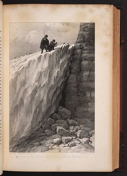 Forbes and an assistant measuring the thickness of the Mer de Glâce near Mont Blanc, lithograph of drawing by James David Forbes, in his Travels through the Alps of Savoy, 1843 (Linda Hall Library)