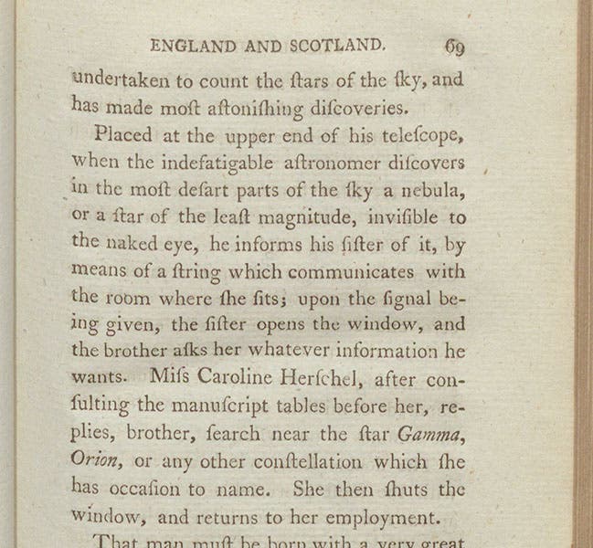 Barthélemy Faujas-de-Saint-Fond’s own description of Caroline and William Herschel working together at Dachet, Travels in England, Scotland, and the Hebrides, vol. 1, 1799 (Linda Hall Library)