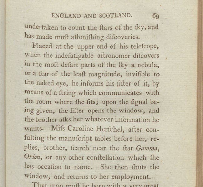 Barthélemy Faujas-de-Saint-Fond’s own description of Caroline and William Herschel working together at Dachet, Travels in England, Scotland, and the Hebrides, vol. 1, 1799 (Linda Hall Library)