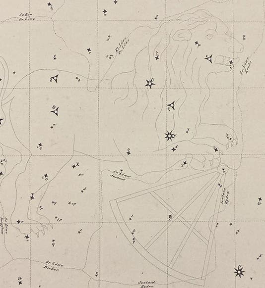 The northern constellations Leo and Sextans, Atlas des gestirnten Himmels, by Joseph Johann Littrow, detail of plate XVI, 1839 (Linda Hall Library)