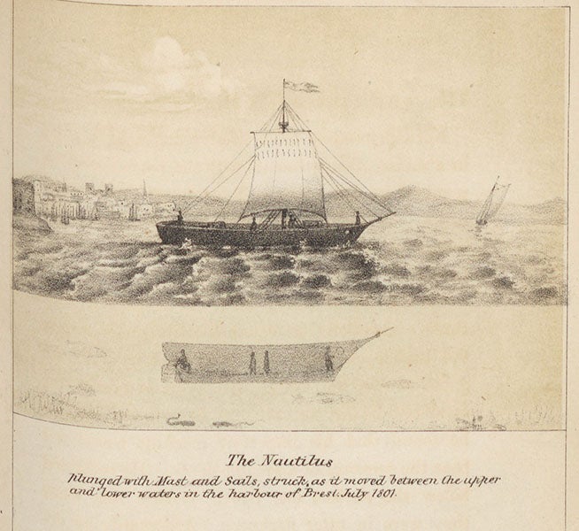 The submarine Nautilus, built and demonstrated by Robert Fulton in Paris, 1801, detail of a lithograph in J. Franklin Reigart, The Life of Robert Fulton, 1856 (Linda Hall Library)