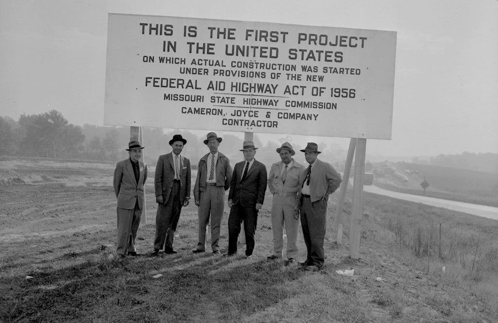 On August 2, 1956, the Missouri State Highway Commission awarded the first construction contract under the new Federal-Aid Highway Act. The contract was for improving Route 66 into Interstate 44 in Laclede County between Springfield and Rolla. Missouri also became the first state to initiate construction under a federal contract. Photo courtesy Missouri Department of Transportation.

