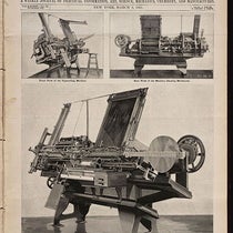 Paige compositor, three views, steel engraving, front page of Scientific American, March 9, 1901 (Linda Hall Library)