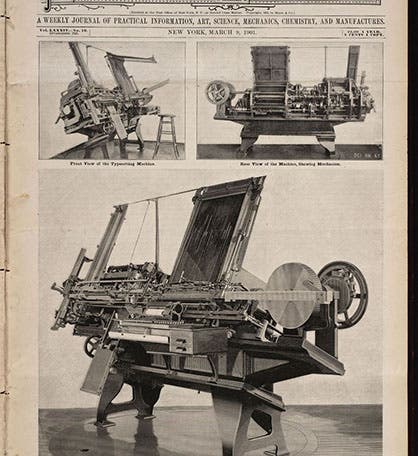 Paige compositor, three views, steel engraving, front page of Scientific American, March 9, 1901 (Linda Hall Library)