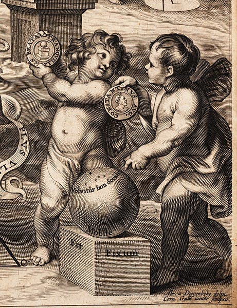 Two putti next to a cube stabilizing a sphere, and holding a Roman coin with the same motif, engraved title page of Problema austriacum plus ultra: Quadratura circuli, by Grégoire de Saint-Vincent, 1647, detail of first image (Linda Hall Library)