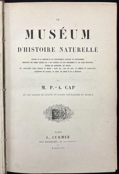 Title page, Le muséum d'histoire naturelle, by Paul-Antoine Cap, 1854 (Linda Hall Library)