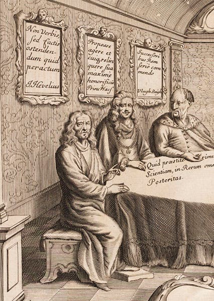 Three star cataloguers: Hevelius, Wilhelm IV, and Ulugh Begh, detail of frontispiece, Hevelius, Prodromus, 1690 (Linda Hall Library)