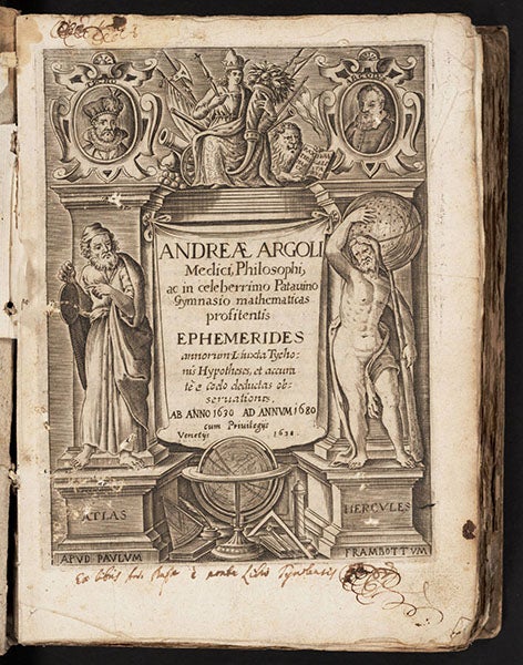 Engraved title page, Andrea Argoli, Ephemerides, 1638 (Linda Hall Library)