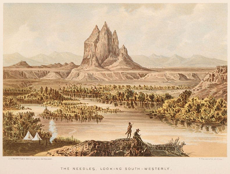“The Needles,” a volcanic plug in northwestern New Mexico, chromolithograph in Report of the Exploring Expedition from Santa Fe, New Mexico, to the Junction of the Grand and Green Rivers …, John N. Macomb, 1876 (Linda Hall Library)