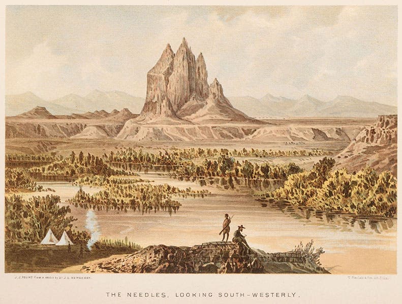 “The Needles,” a volcanic plug in northwestern New Mexico,  chromolithograph in Report of the Exploring Expedition from Santa Fe, New Mexico, to the Junction of the Grand and Green Rivers …, John N. Macomb, 1876 (Linda Hall Library)